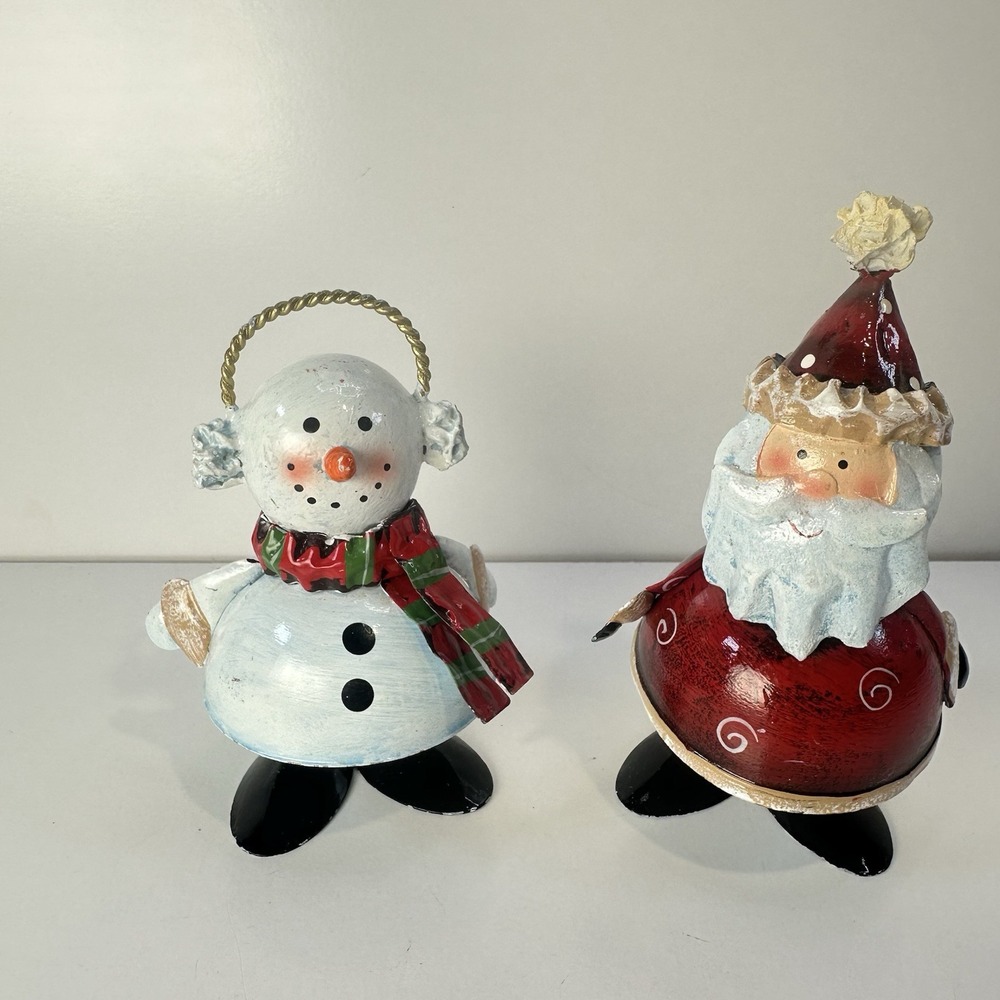 Y2K Santa & Snowman Set of 2 Metal Painted Christmas Decor Happy Holidays